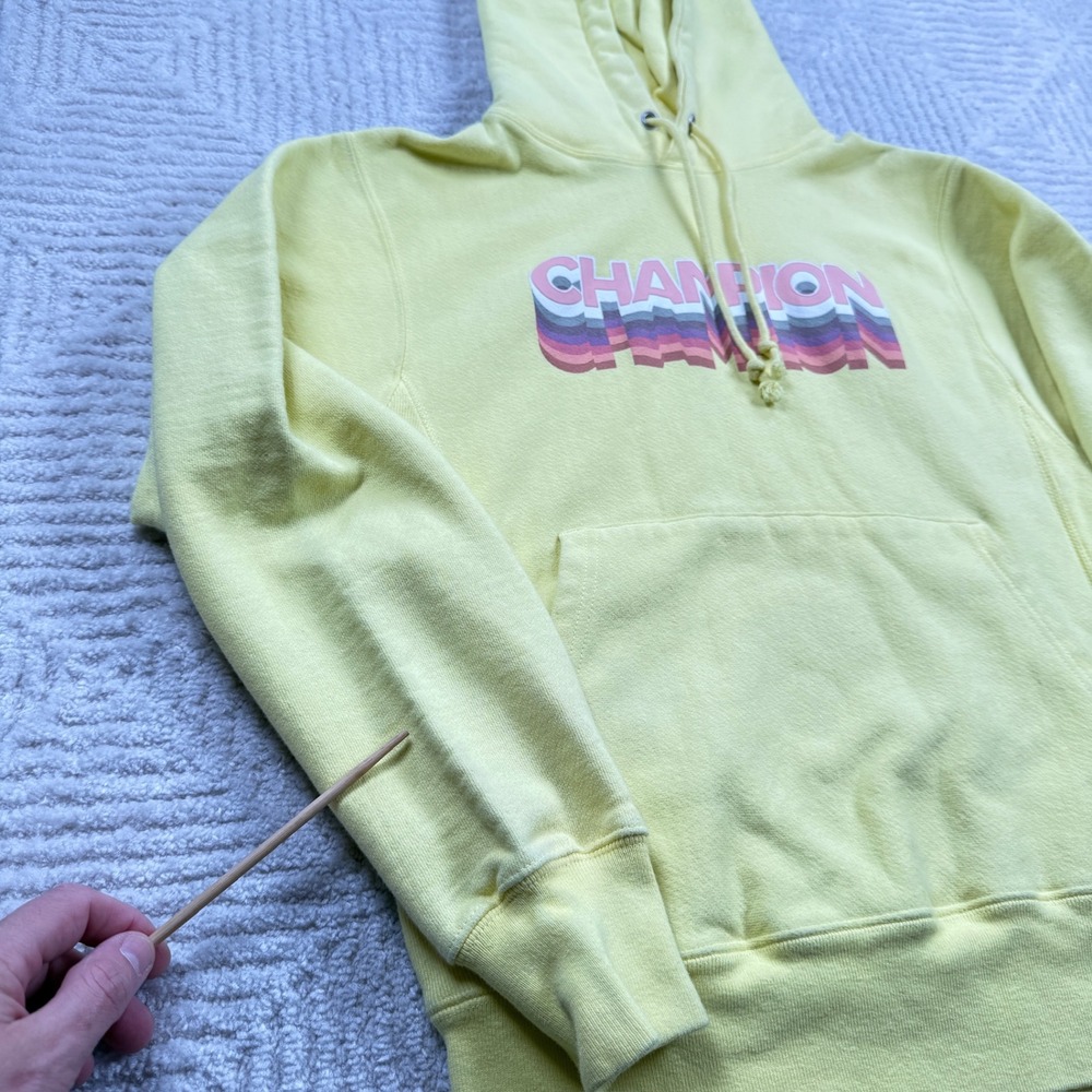 Champion Hoodie Men's S Reverse Weave Yellow Retro Graphic Sporty Street Wear - Picture 14 of 16